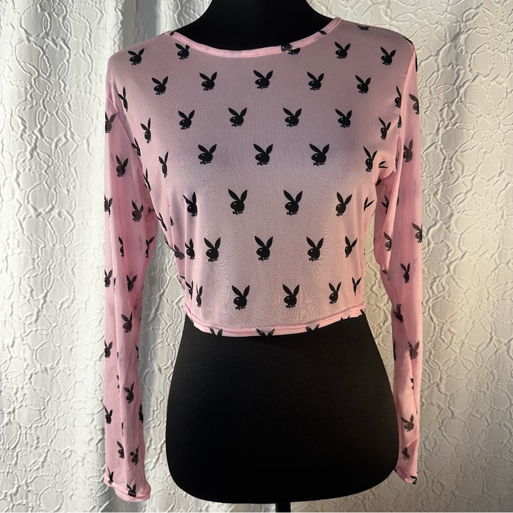 PLAYBOY-Pink Mesh Long Sleeve Crop Tee (L/XL) & SHEIN- Black Mesh Crop Tee (L)